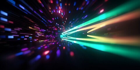 3d render, abstract neon arrow pointing right direction. Telecommunication technology concept. Glowing colorful lines and bokeh lights, Generative AI