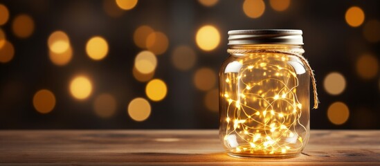 Abstract dark background with sparkling lights in a mason jar text Lucky for gift or card Vintage film style