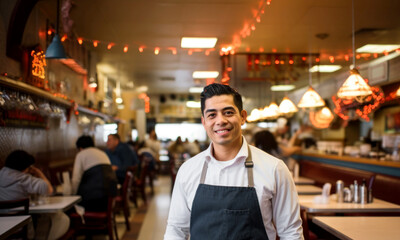 Fototapeta premium Smiling male business owner in an apron. Small cafe concept