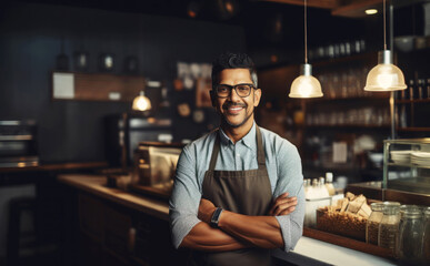 Smiling male business owner in an apron. Small cafe concept