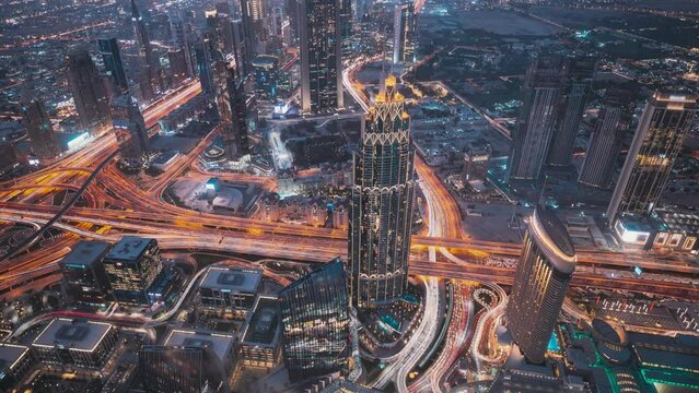 Dubai, Uae, United Arab Emirates. Lights Line Illumination. 4k Timelapse View Form Viewpoint On Burj Khalifa. Evening To Night Transition. City Traffic Under Khalifa Tower. Night City Life. Gradual