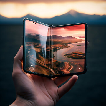 Fotografia de smartphone con pantalla plegable, con paisaje de fondo