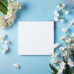 Blank square white card on minimal blue background with flowers Generative AI