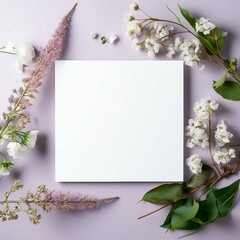 Blank square white card on minimal background with flowers Generative AI