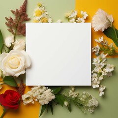 Blank square white card on coloured minimal background surrounded by flowers Generative AI