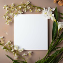 Blank square white card on minimal background with surround of flowers Generative AI