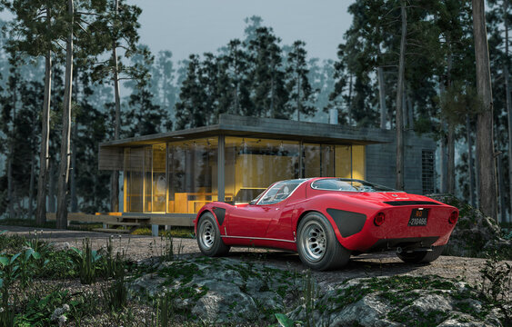 alfa romeo tipo 33 stradale 1967 parked in front of a modern house in the woods full cg 3d render