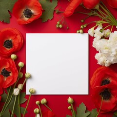Blank square white card on a background of poppies Generative AI