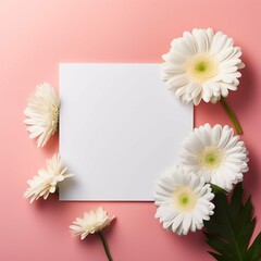 Blank square white card on a background of gerbera flowers Generative AI