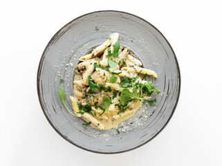 Creamy pasta in mushroom sauce with parmesan. Flat view