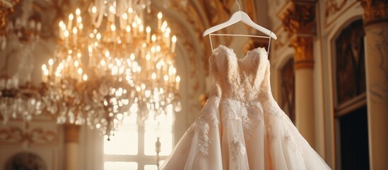 Beautiful interior with chandelier adorned with wedding dress
