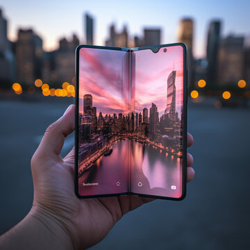 Fotografia con detalle de smartphone con pantalla plegable, con ciudad de fondo