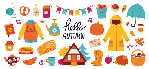 Set of autumn elements sweater, leaves, cozy home, jam, coffee and pumpkin. Vector illustration