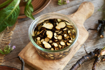 Glass jar filled with sliced comfrey root and alcohol - prepration of tincture