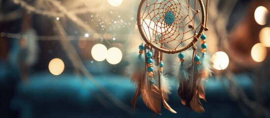 Close up of dream catcher with fresh green feathers - obrazy, fototapety, plakaty