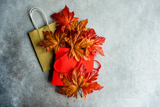Overhead view of Red autumn maple leaves on top of two blank paper shopping bags