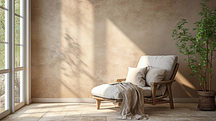 Lounge chair near the window against the beige stucco wall. Rustic interior design of modern living room in country house with a lot of sunlights 