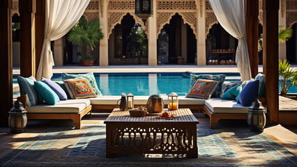Hotel poolside lounge with sofa with oriental arabic ornaments. Beautiful eastern spa or wellness concept, recreational vacation resort tranquil area.