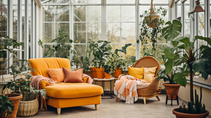Orange and yellow sofa and orange chair in the greenhouse. Scandinavian home interior design of modern living room with many houseplants.