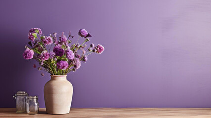 Wooden table with vase with bouquet of flowers near empty, blank purple wall. Home interior background with copy space.