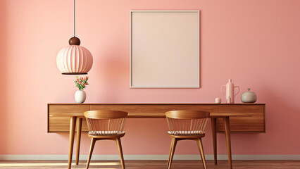Dining table with chairs against the pink wall. Art deco interior design of modern dining room.