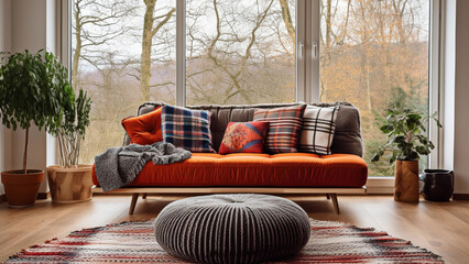 Sofa against of window with autumn forest view. Boho interior design of modern living room.