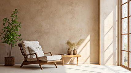 Lounge chair near the window against the beige stucco wall. Rustic interior design of modern living room in country house with a lot of sunlights