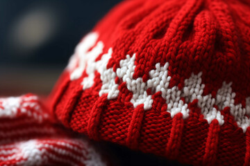 A Macro View of a Festive Christmas Knitted Hat, Capturing the Delicate Details and Warmth of this Traditional Seasonal Attire