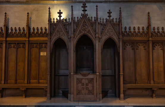 Confessional in the church, Cath&eacute;drale Notre-Dame in Luxembourg. Historic church built in the years 1631 - 1621. Resting place of John the Blind, King of Bohemia and Count of Luxembourg.