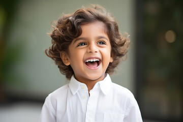 Studio portrait of cute little laughing boy on different colour background