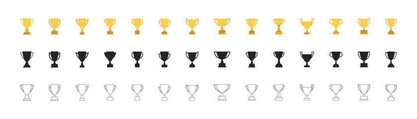 Trophy cup icons set. Flat, silhouette, linear style.