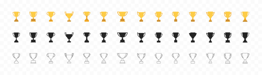Trophy cup icons set. Flat, silhouette, linear style.