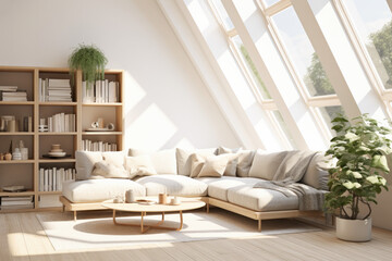 Modern and stylish Scandinavian attic room interior. Attic with furniture and decoration. 