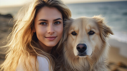 Beautiful woman sits and relaxes with her pet on the beach near the sea. Woman with golden retriever spending time together outdoors. Concept of relaxation, enjoyment.