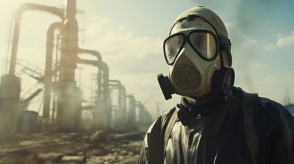 Fotobehang Rising Greenhouse Effect: Battling Warming and Escalating Airborne Toxins. A Human in a Gas Mask Confronts a Smoking Factory Amidst Extreme Pollution. © Ai Studio