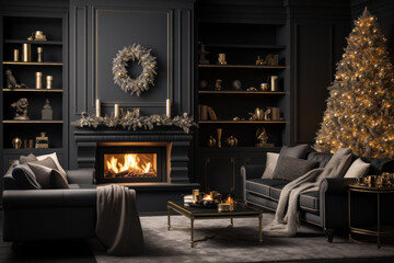 A cozy black minimal living room with a roaring fire in the fireplace, decorated with gold stockings, ornaments, and a beautifully lit Christmas tree in the corner. Generative Ai