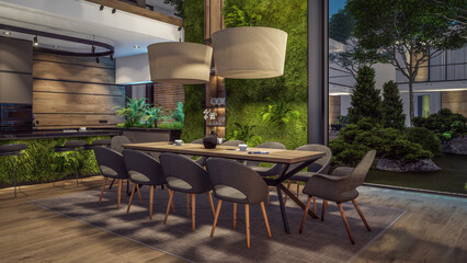 3d rendering of expensive cozy interior with green walls with living dining zone stair and kitchen for sale or rent. Warm interior lighting combined with cold light from night street