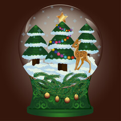 snow globe,deer in the snow, decorated christmas tree in the snow,christmas tree branch,christmas balls, snow falls, star at the top of the tree, the star is burning on the tree, christmas glass globe