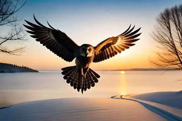 Rolgordijnen flying owl over the lake during sunset. AI-Generated © Rida