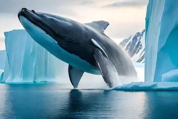 Poster Majestic whale playing in the ocean surrounding the icebergs. AI-Generated © Rida