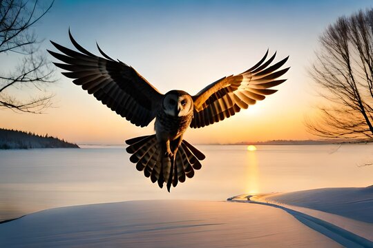 flying owl over the lake during sunset. AI-Generated - Powered by Adobe
