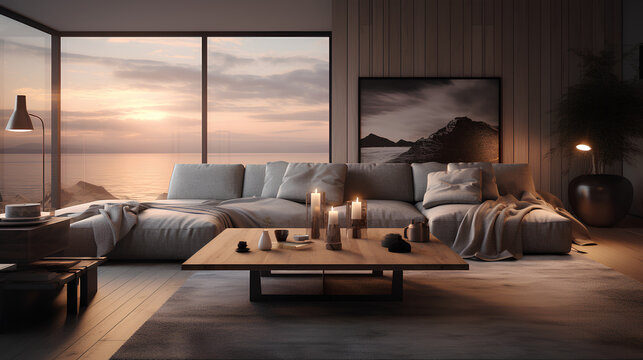 Scandanavian Interior Design Of Living Room At The Sunset