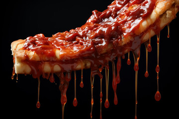 Pepperoni or buffalo pizza sliced with cheese dripping down with some bread crumbs. Pizza Dripping.