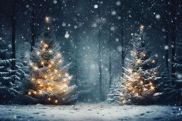 AI-generated Greeting Card, Merry Christmas and Happy Holidays with Decorated Christmas Tree in Winter Forest