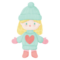 Cute girl in warm winter clothes, for invitation and greetings in happy season