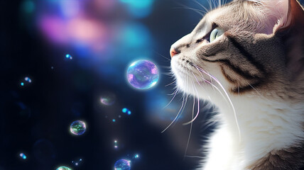 Cat entranced by a floating soap bubble, its iridescent colors reflecting in its eyes