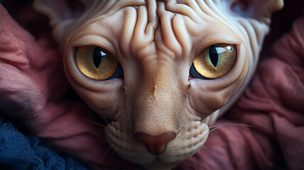 Close - up of a Sphynx cat's unique wrinkled skin and intense eyes, giving a mysterious aura