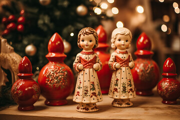 Fototapeta premium Charming ceramic figurines reflecting a classic vintage Christmas nestled amidst the festive decor 