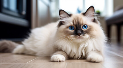 Fluffy Ragdoll cat stretching on a soft carpet, showing off its blue eyes and white paws - Powered by Adobe