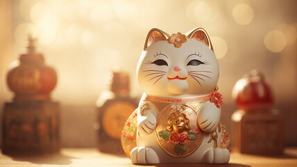 Maneki - neko, the lucky cat statue, with its raised paw, set against a backdrop of ancient scrolls - obrazy, fototapety, plakaty